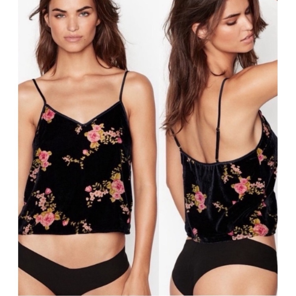 💕 VICTORIA’S SECRET velvet floral cropped cami size XL navy blue burnout roses